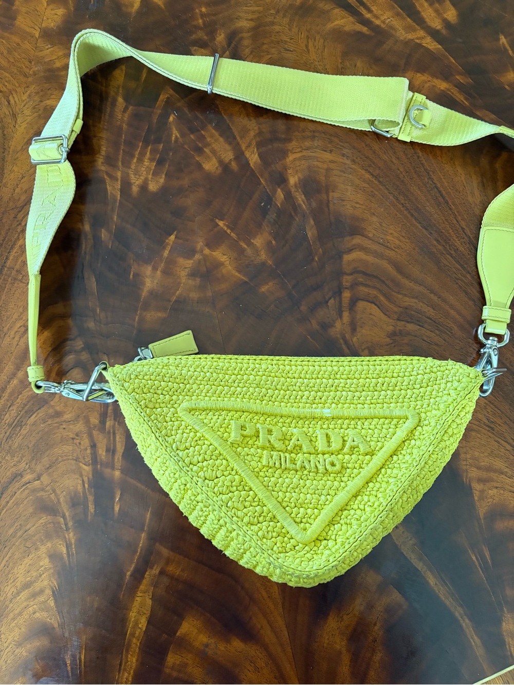 Prada Neon Yellow Woven Triangle Crossbody Bag